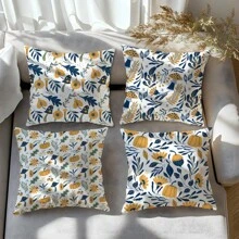 4pcs Leaf, Pumpkin, Mushroom Illustration Cushion Cover Set, Soft Peach Velvet Material, 45*45CM Single-Sided Print, Suitable For Home, Bedroom, Living Room, Sofa, Decorative Pillow Cover, Gift