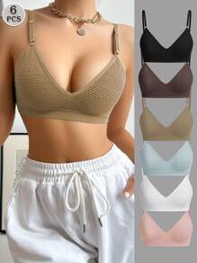 6pcs Multicolor Women's Bras With Hook Closure & Wire-Free Comfortable Unlined Seamless Bras With Adjustable Straps