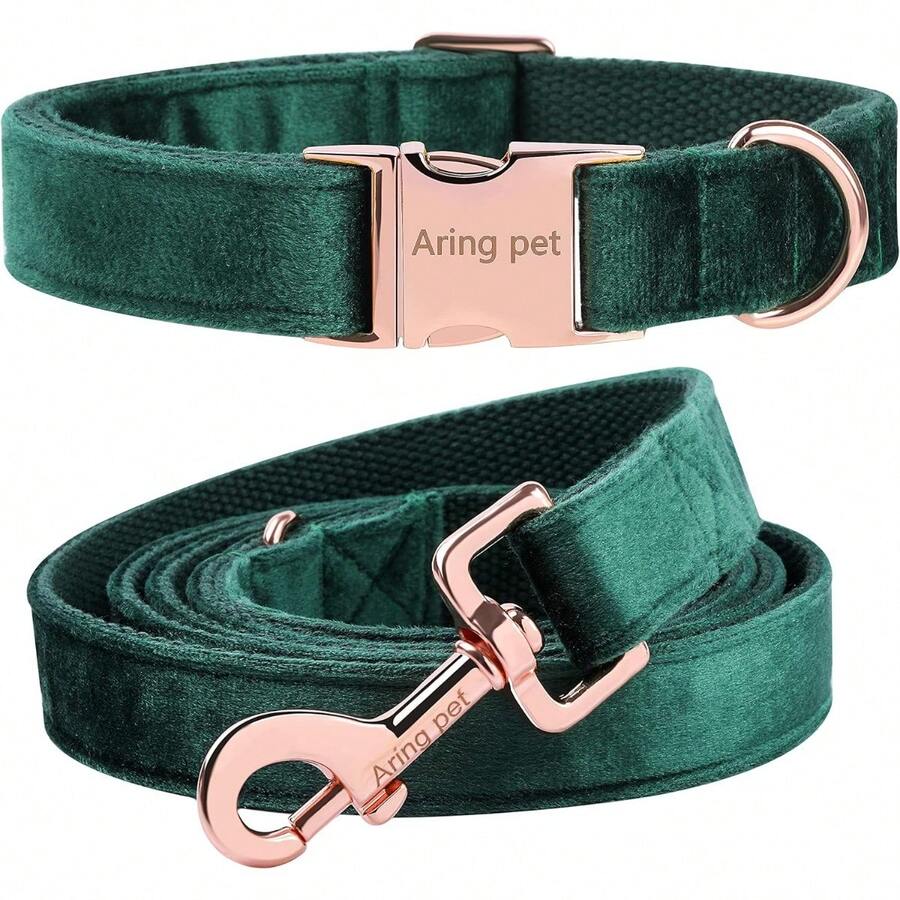 Local Delivery-ARING PET Velvet Dog Collar And Leash Set, Soft Purple Dog Collar And Leash, Adjustable Collars For Dogs - Dark Green - View 1