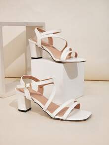 Wide Fit White PU Leather Strap Platform Chunky Heel High Heels, Versatile For Daily, Party, Wedding Occasions, Fashion Women Plus Size Sandals,Spring Summer Outfits - White - View 2
