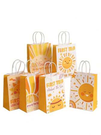12pcs Party Favor Bags For A First Birthday Celebration, Featuring A Bohemian Sun Design. Suitable For Summer-Themed Parties, These Plastic Gift Bags Add A Cheerful Touch To Your Birthday Decorations