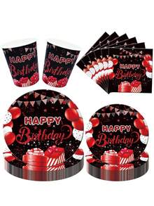 10pcs Red And Black Birthday Party Tableware Set, 10 Plates, 20 Napkins, 10 Paper Cup, Red Birthday Party Confetti Sprinkle With Happy Birthday Party Decorations Men And Women - Multicolor - View 3
