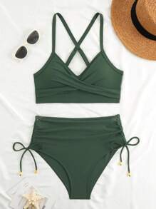 New Sexy Cross Bandage High Waist Drawstring Cover Belly Bikini Swimsuit Set With Metal Decor For Women, European And American Style