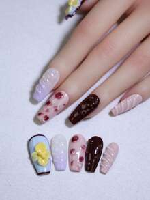 多色 3D 手工雕刻花朵和水波纹指甲装饰 100% 手工制作按压指甲法式美甲设计手工指甲 10 件棺材中长假指甲片可重复使用 DIY 美甲产品适合四季 - 彩色 - 查看 4