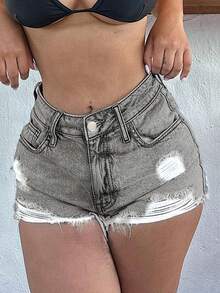Short en jean déchiré femme style cowgirl - Gris pâle - Voir 2