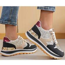 时尚百搭休闲闪亮装饰厚底运动鞋 - 黑色 - 查看 1