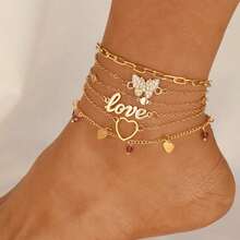 19/3Pcs Beachy Holiday Heart, Butterfly, Pearl, Crystal Bling Geometric Round Bead, Tassels, Snake Chain, Airplane Chain, Minimalist Metal Bracelet & Anklet Jewelry Set, Fashion Elegant Vintage Design For Party, Holiday, Gift, Daily Wear - Yellow Gold - View 11