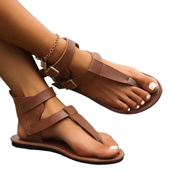 Sandalias planas de verano para mujer 2025, nuevas, de estilo vintage, de unicolor, de moda, de piel, antideslizantes, para exterior, tipo chanclas, estilo romano, talla 43