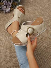 Summer Outdoor European & American Style Open Toe Single Buckle Decor Soft Bottom Comfy Plus Size Wedge Thick Sole Women Sandals