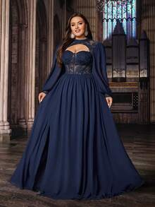 Stunning Plus Size Women Solid Color Lace Splicing Long Sleeve Bodice Chiffon Gown Dresses