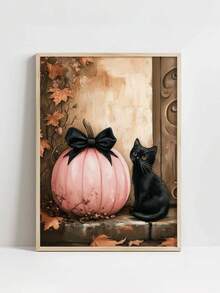 1pc Canvas Wall Art, Halloween Wall Art, Halloween Poster, Framed Wall Art, Playful Black Cat And Pink Pumpkin Poster, Halloween Horror Wall Art, Autumn Home Decor, Autumn Decoration, Cute Decoration, Halloween Decoration, Room Decor, Dorm Decor, Bedroom Home Decor, Autumn Wall Decor - Multicolor - View 5