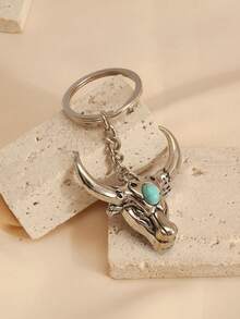 1 PC Retro Turquoise Necklace, Domineering Bull Head Alloy Pendant, Keychain - Antique Silver - View 2