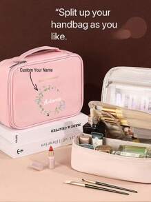 1pc Personalized Floral & Name Design Large Capacity Detachable Makeup Bag, With Free Compartments For Washing & Trimming, Waterproof Portable Organizer Bag With Separate Sections