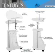 Techni Mobili Adjustable Height Rolling Laptop Cart With Storage, Sit To Stand Desk With Wheels, Podium Stand Or Medical Cart, White