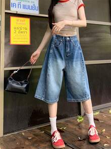 修身阔腿七分牛仔裤，宽松复古小码休闲直筒裤，女士夏季款 - 藍色 - 查看 4