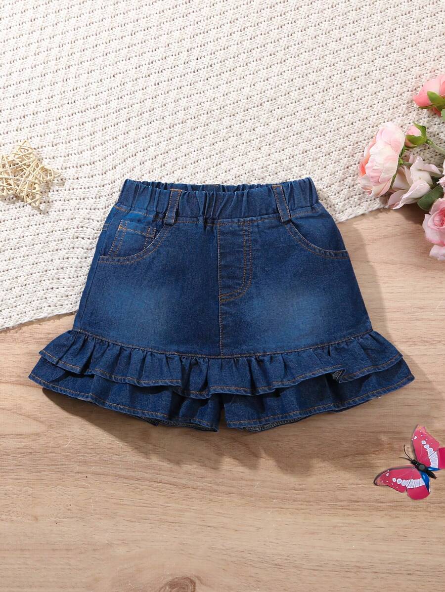 Shorts vaqueros con bajo con volantes para niñas, de moda y cómodos para uso casual