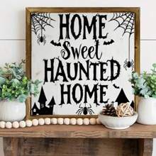 1/2 件，迷人的乡村农场艺术木制标牌，8x8 英寸，“甜蜜鬼屋”复古墙面装饰，带有蜘蛛网和鬼屋设计，适用于万圣节、厨房、浴室、客厅、入口 - 无需电力，恐怖万圣节装饰