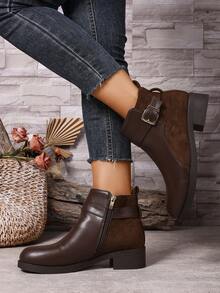 Women's Autumn/Winter Fashion Chelsea Ankle Boots, Coffee Brown Color Block Design, Soft & Comfortable, Simple Metal Decor, Chunky Heel Sole, Warm Lining, Classic Color, Versatile For Work, Commuting & Casual Wear,Boots For Women - Coffee Brown - View 5