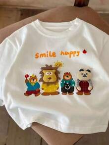 可爱卡通3D！儿童微笑快乐动物图案白色T恤，可爱街头服饰 - 白色 - 查看 4