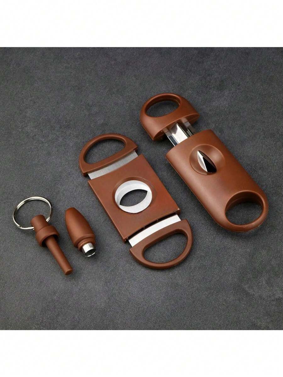 3 PiecesStainless Steel Cigar Cutter Set - Sharp, Portable V-Shaped Cigar Scissors, Cigar Cutter Tool - Brown - View 1