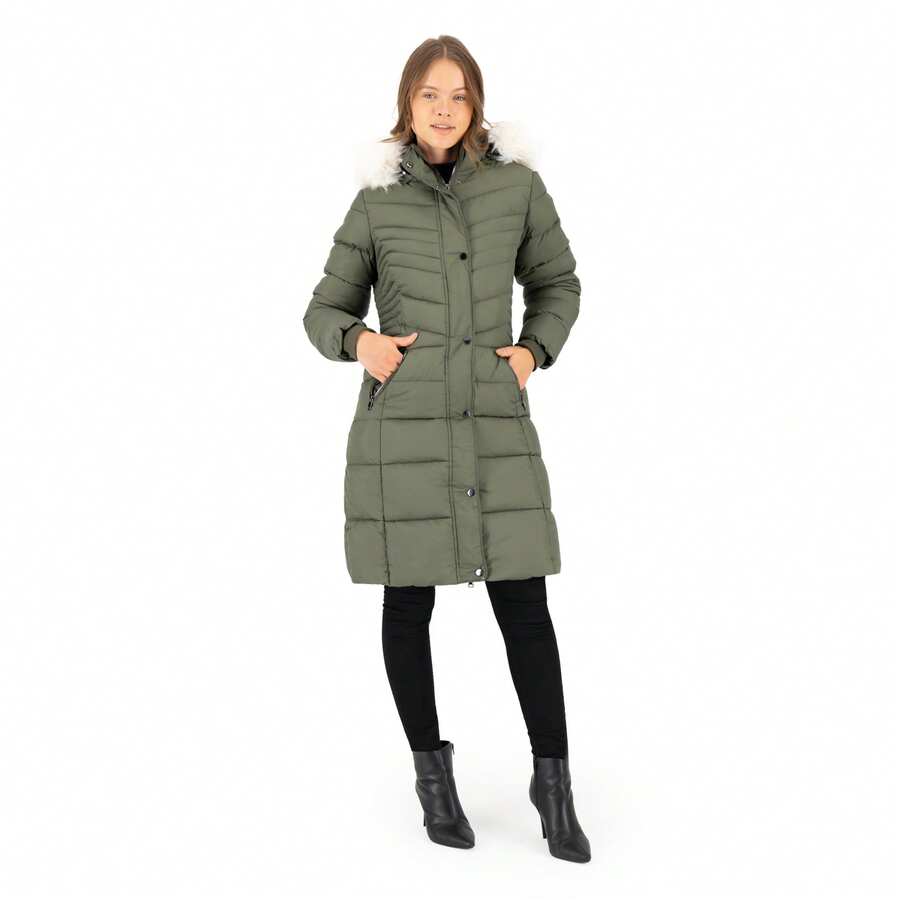 SAKERS OUTDOOR CLOTHING Chamarra Larga Mujer Elegante Con Gorro Y Peluche Sakers  Liso    Elegante    Bolsillo  Cremallera  Cordón    Diario