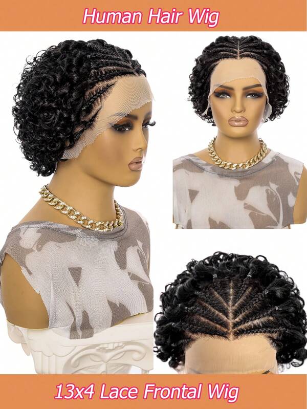 Parrucche intrecciate nere a taglio pixie per donna in capelli umani, ricce e afro ricci, con frontalino in pizzo HD, acconciatura afro crespa in capelli umani 13x4 pre-intrecciati