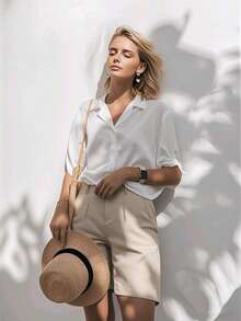 Women's Summer Casual Solid Color Pocket Zipper Buttoned Shorts, Suitable For Daily, Commuting, Outdoor And Holiday Wear