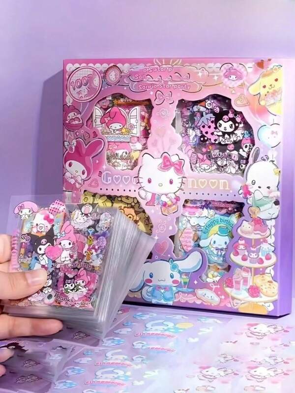 Sanrio 100pcs/Box Hello Friends Kitty Sticker Cinnamoroll My Melody Kuromi Cartoon Characters Waterproof PET Material Cute Mug Gift Box Decals Ideal For Halloween Christmas Gifts And Crafts Paper Material