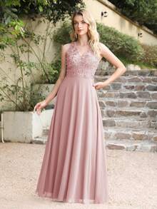 Babyonlinedress BABYONLINE D.R.E.S.S. V-Neck Guipure Lace Insert Chiffon A-Line Prom Bridesmaid Dresses,Formal Wedding Guest Gown, For Graduation, Dinner - Bụi hồng - Xem 1