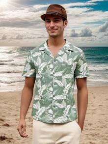 Men's Hawaiian Shirt Short Sleeves Printed Casual Button Down Funky Summer Tropical Holiday Beach Male Shirts - Leaf Light Blue - View 5