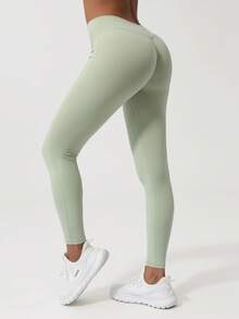 Sodalemon Women Peach Hips Sports Leggings, Seamless V-Waist Yoga Tight Pants - Màu xanh Bạc hà - Xem 5