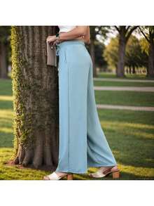 GS SNOWING Women's Elegant Wide Trousers High Waist Loose Summer Palazzo Trousers Stretchy Lounge Long With Pockets - 藍色 - 查看 3