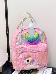 1 Pc New Sequined Material Cute Cartoon Pony Solid Color Girl Backpack, Can Be Carried On One Shoulder, Smooth Zipper Opening And Closing, Sweet And Exquisite, Elegant And Stylish, Suitable For School, Travel, Outdoor Shopping - A - View 6