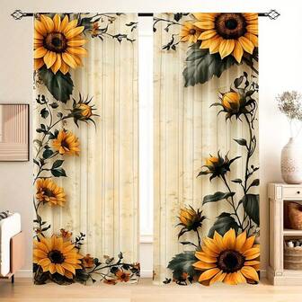 [鲜艳的向日葵印花窗帘] 2 件鲜艳的向日葵印花遮光窗帘 - 涤纶，滤光，易清洁 - 经典设计，带杆袋，适用于客厅、卧室、厨房（不含杆）
