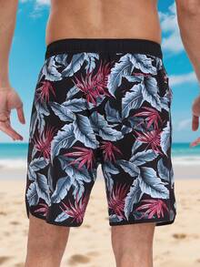 LEDUNTINO [Primavera/Verano] Shorts de 2 en 1 de doble capa con estampado tropical, de moda para hombres, regalo para esposo/novio, cintura elástica, con múltiples bolsillos, para playa/vacaciones - Negro - Ver 2