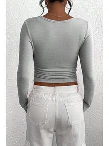 Women's 2025 Fall Long Sleeve Henley Shirts Button Ribbed Knit Casual Basic Tops Blouse - 灰色 - 查看 2