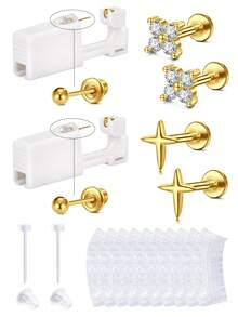 Disposable Ear Piercing Gun Kit Ear Piercing Kit With Sterile CZ Earring Studs Easy Self Ear Piercing Kit For Your Own Use At Home Includes Flat Back Push Pin Stud Earrings & Clear Earrings Retainer & Waterproof Earmuffs