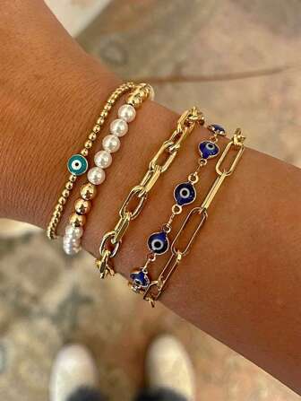 5pcs/Set Vintage Fashion Multi-Element Faux Pearl Elastic Beaded Devil's Eye Bracelet Set, Personalized Exaggerated Hipster Punk Multilayer Wristband Suitable For Men & Women, Daily Wear, Christmas, Valentine's Day Gift, All Season
