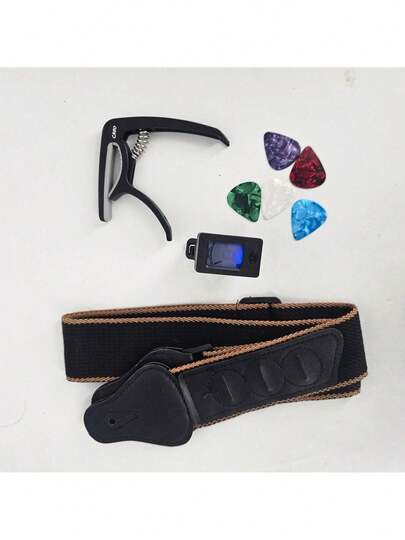 Kit 4 em 1 para Violão e Guitarra – Afinador Digital + Capotraste + Correia com Porta Palhetas + 5 Palhetas