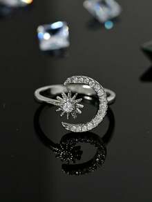 1 Pc Stylish And Elegant 24K Gold Plated Sun And Moon Ring For Women.2025 Middle East European And American Zirconia Sun And Moon Rings, Seiko High-Quality  Adjustable Openning Ring. Perfect For Birthday, Valentine's Day.Gift For Daughter, Friend, Mother. Suitable For Business/Casual/Daily Wear. - Sun and Moon - View 13