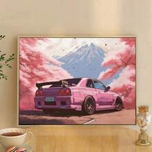 30*40cm Diamond Painting Art Canvas Wall Decor, Featuring Car & Pink Cherry Blossoms, Diamond Painting Kit, Frameless Poster For Bedroom, Living Room, Office Decoration