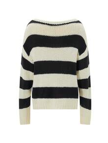 Women's Fall Striped Sweater Drop Shoulder Long Sleeve V-Neck Loose Knitted Tops - Màu xanh hải quân - Xem 5