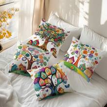 4 pièces Housses de coussin d'appoint imprimées avec arbres et maisons colorés, 45 cm*45 cm