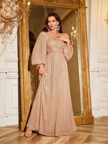 UNITHORSE Women's Elegant Sequin V-Neck Ruched Waist Puff Sleeve Solid Color Luxurious Evening Party Dress, Bride Dress, Birthday Outfits, Graduation Dress, Formal Dress, Gown, For Wedding Guest - 香檳色 - 查看 5