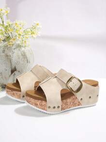 Summer Outdoor European & American Style Open Toe Single Buckle Decor Soft Bottom Comfy Plus Size Wedge Thick Sole Women Sandals