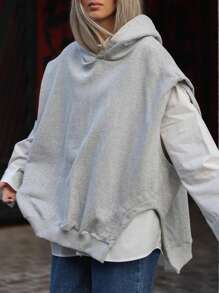 Felpa con cappuccio senza maniche oversize da donna con spacco laterale, casual e morbida