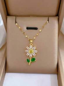 1 Set Stainless Steel Leaf & Flower Necklace And Earrings, Delicate Rhinestoned Luxury Personalized Party Jewelry