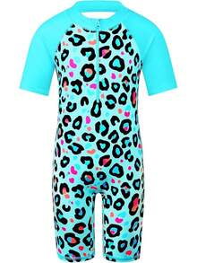 TFJH E Short Sleeve Swimsuits 50+ One Pieces Bathing Suits Zipper 2-14Y - A3 Blue Leopard - View 1