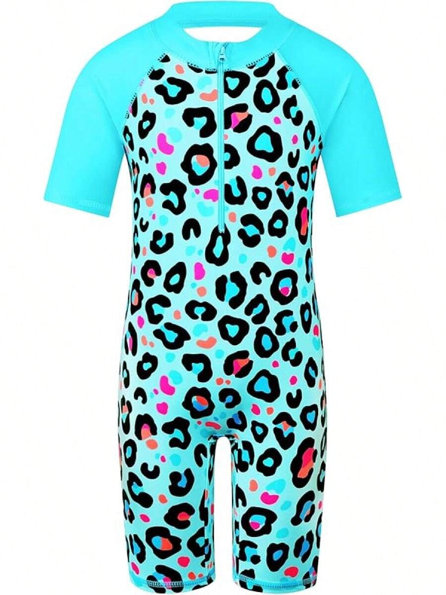 TFJH E Short Sleeve Swimsuits 50+ One Pieces Bathing Suits Zipper 2-14Y - A3 Blue Leopard - View 1