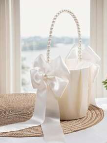 1/2 peças de cestas de flores de casamento com alça de pérola, cestas de flores com laço de cetim para coleção de flores e pérolas, brancas, a escolha perfeita para dar presentes.
